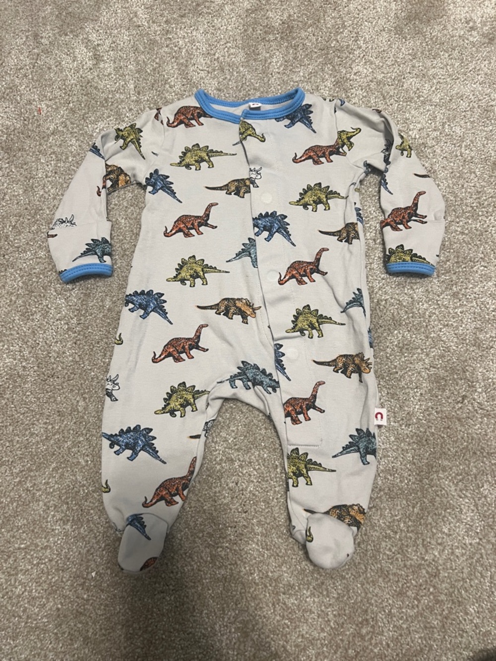 Dinosaur Print Footed One-Piece in Gray with Blue Trim with Magnetic Closure